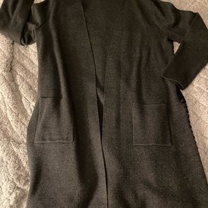 Women’s gray long cardigan with black crochet accents